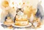 Placeholder: beautiful composition, cat birthday party with cake, watercolor and ink, golden glitters in ochre in sunshine