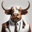 Placeholder: Airbrush, cg society trends, pop art, online casino, a (brown bull [Billy] with horns) wearing a white shirt and black tie. Happy face. No text. White background