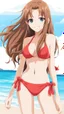 Placeholder: Attractive Anime Woman With Very Long brown Hair, Bikini, Full Body In Frame, Beach, Red Cheeks, Skinny, Looking At Camera, Smiling