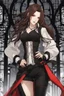 Placeholder: A young woman with pale skin and long brown hair in a modern setting with intricate details. Her attire is sleek black and red. She is smirking, has intense red eyes, intimidating presence, high definition. anime style.