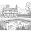 Placeholder: GARDEN HOUSE, "Peaceful Pond: Paint a tranquil scene with a garden pond, full view, realistic, coloring page, only draw lines, coloring book, clean line art, wildlife-inspired, kid style, –no sketch, color, –ar 3:4, white background, minimalistic black lines, 8k, minimal black color, low level black colors, coloring page, use pure black and white colors, avoid thick black colors, thin black line art, avoid colors, perfect shape, perfect clear lines, clear edges,