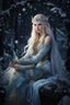 Placeholder: Elven princess,elven crown,long blonde golden hair,rapunzel hair,ice flowers,beautiful,light blue,dark blue,golden armor,sparkle,glitter,ice flowers,snow,elven ears,dark fairy princess