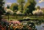 Placeholder: amazing sunny spring day, trees, flowers, fence, little pond, frederic bazille impressionism painting