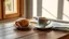 Placeholder: A single delicates roll cake filled citrone creme on a small ceramic plate on a wooden table. A steaming mug (possibly coffee or tea) and a folded newspaper are also on the table. Natural, warm sunlight streams in from a window on the left, casting pleasant shadows and creating a cozy, relaxed morning atmosphere