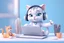 Placeholder: funny cute cat in headphones sitting at the desk in front of laptop with paws on keyboard disney style 3d light blue background