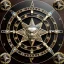 Placeholder:  metal jewelry,zodiac symbol, ancient, magic,on dark wooden table,perspective