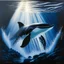 Placeholder: A dramatic, chiaroscuro-style acrylic painting of a powerful orca hunting its prey in the depths of the ocean, with stark contrasts between light and shadow to emphasize the intensity and raw beauty of the scene