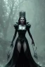 Placeholder: Geena Davis as evil queen in black leather gown, evil, busty, cleavage, curvy, angry, stern look. character design by cory loftis, fenghua zhong, ryohei hase, ismail inceoglu and ruan jia. unreal engine 5, artistic lighting, highly detailed, photorealistic, fantasy