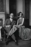 Placeholder: Black and white photo of a serious couple sitting for portrait shoot in the 1920s