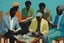 Placeholder: 4 dark African men seated on a wooden chair ,reading Afro hair sky-blue background quilting, fabrics, by David Hockney njideka akunyili kerry james marshall