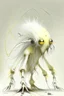 Placeholder: Artist Jean-Baptiste Monge style. A mechanical humanoid pale yellow filament-creature. White furry liquid tendrils. White eyes.