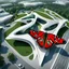 Placeholder: Aerial view of the butterfly-shaped museum architecture Zaha Hadid incredibly hyper-detailed digital artwork 8k white green and red colors