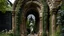 Placeholder: A stone archway with intricate floral patterns and a statue of a woman inside, surrounded by vines