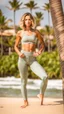 Placeholder: woman in satin yoga leggins, standing towards camera, face towards camera, total body, standing frontal, photographx, surfer hair, good shape, background palmtrees, medium length wavy bob haircut, raw