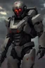 Placeholder: A soldier from the future from 2706 - armored - semi-robot - plasma weapon - war background - bloody face -