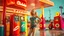 Placeholder: Imagine a bold and vibrant scene at a retro-futuristic gas station, where a daring woman, reminiscent of a 1950s pin-up girl, stands confidently amidst a kaleidoscope of colors.