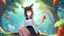 Placeholder: 1girl, sitting, animal ear, tree, carrot on hand , long bunny ears, brown bunny tail, short blue skirt, long brown hair, white shirt, blu eyes