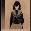 Placeholder: Clear focus,High resolution, black short fluffy hair, long fluffy bangs, and dark blue eyes, Depressed girl, wearing a sailor uniform,Line art
