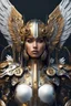 Placeholder: Photo half body Lady Angel cyborg straddle wings, using traditional armor,detailed, intricate,gears cogs cables wires circuits, gold silver chrome copper,abstract background