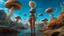 Placeholder: full body shot of a middle-aged, blond-haired woman in brown shorts and brown shirt, standing on a rock, on the shores of an alien world, with mushrooms with jellyfish tentacles floating in the air, photorealistic, Detailed Matte Painting, Deep Colour, Fantastical, Intricate Detail, sunshine, blue sky