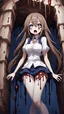 Placeholder: Anime girl with big eyes, darkblue and sepia tones, fullbody, slime, the perspective looking up from the bottom of an empty well, rolling eyes, tongue out, blood drip, open mouth, big thighs, long hair white,