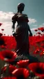 Placeholder: statue of justice in a field of red poppies.cinematic