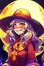 Placeholder: Style: anime manga, A Girl with dark skin tone, Red eye with a yellow base, Full curly white hair, moon-shaped cheek marks, and a childish smile, Her face is half in profile, the background is lunatic, her face seems to be mocking someone, Her outfit is: A lunar witch outfit, her purple colored witch hat has a yellow/gold colored star emblem, She is winking with one eye and sticking out her tongue (Mocking),