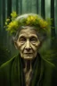 Placeholder: planet earth as an old woman. front facing. the face has the texture of roots. leaves, blossoms, cobwebs. very smooth colors, forest green and yellow. bordeaux. fog, mist