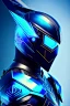 Placeholder: neon blue, flying parts of armor in form of triangles, cyber armor, geometric patterns on armor, male, orbiting triangle