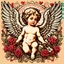 Placeholder: Lovesick cherub looking cupid illustration, vintage valentines day colors, overexaggerated, detailed drawing, flash art style, Victorian inspired