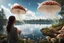 Placeholder: Photorealistic Photo Of A woman Looking Out Over A Lake With Mushrooms With Jellyfish Tentacles, Tall Narrow Cloud Trees In The Background