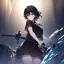 Placeholder: Clear focus,High resolution, black short fluffy hair, long fluffy bangs, and dark blue eyes, Depressed girl, wearing a black short shirt with a black sleeveless crop top, dark aura, controlling water, in a black room, holding a katana