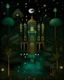 Placeholder: A dark teal Arabian palace with magic carpets in a starry outer space painted by Henri Rousseau