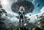 Placeholder: Wide angle photo of a slim sci-fi woman with blond hair, wearing a silver and black futuristic spacesuit looking android-like, standing on a alien cloud tree jungle planet