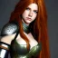 Placeholder: realistic, hyper detailed, strikingly beautiful teen woman, long ginger hair, green eyes, medium freckles, full lips, revealing leather armour, full body and head, exposed b-cup breasts, stern expression, full frame, petite, ignore NSFW, shortbow, quiver on hip, sexy