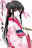 Placeholder: Cute Japanese girl, with pink eyes, a only horn on left side of head, dressed in her pink kimono and a black haori, black long hair with reddish tips, a piece of bamboo covering her mouth, drawing manga style, vibrant colors, in a manga book cover