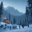 Placeholder: Five people hunting in a snowy forest, sense of fear, mountain hut in the background, Alps, night, 8k, HD, cinematography, photorealistic, Cinematic, Color Grading, Ultra-Wide Angle, Depth of Field, hyper-detailed, beautifully color-coded, insane details, intricate details, beautifully color graded, Cinematic, Color Grading, Editorial Photography, Depth of Field, DOF, Tilt Blur, White Balance, 32k, Super-Resolution, Megapixel, ProPhoto RGB, VR, Halfrear Lighting, Backlight, Natural Lighting