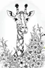 Placeholder: portrait of giraffe and background fill with flowers on white paper with black outline only