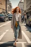 Placeholder: slim redhead woman walking across a busy street