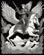 Placeholder: A detailed and macabre illustration of the winged pegasus horse flying, with the jaw and chest bones clearly visible. On the pegasus horse there is a man rider with all his body bones clearly visible, the man rider carries a large AK 47 rifle on his back. The background of the image is black. Below the text "PEGASO".