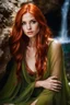 Placeholder: Close UP, delicate, cute, soft, skinny belly red haired Young lady, Green eyes , cave waterfall, medieval