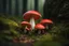 Placeholder: Hyperealistic low-level shot of a group of fly agaric mushrooms