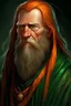 Placeholder: a man in his fifties, long flowing orange hair with bits of grey, medium length beard with bits of grey, long nose, narrow lips, grey eyes, dressed in a bright green robe, realistic epic fantasy style