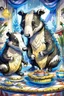 Placeholder: (fairy tale badger adult and little badger junior, animal by Monge)) an insanely beautiful smiling badger, extremely fine detailed fluffy fur, shining smiling eyes very well shabby chick dressed is baking a birthday cake with many light candles together with the smiling little badger, fine detailed fluffy fur, shining eyes shabby chick dressed in his kitchen with many pots: Background kitchen as in a cave, anatomically correct, flawless, full body shot, complete figure, by Monge, by Potter, by D