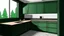 Placeholder: kitchen with dark green furniture, forest wallpaper on a white wall, on the left side next to the window there is a microwave and oven installed in the furniture, and on the right side 5 cm from the induction hob and a kitchen hood above it,