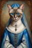 Placeholder: Portrait Renaissance Portrait of a female Siamese cat wearing classic mediveal gown and veil outfit, oil painting texture, piercing blue eyes, texture background