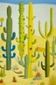 Placeholder: A pale yellow desert with cactus designed in pacific Northwest totem poles painted by Joan Miro