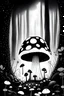 Placeholder: Black and white, drawing, cute mushroom in the forest.