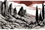 Placeholder: mountains, a gloomy rocky landscape, cypresses stretching up in the foreground, rocks and a bloody sky in the background