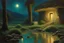 Placeholder: Night, rocks, puddle, mountains, beyond and trascendent influence, philosophic, 2000's sci-fi movies influence, emile claus and friedrich eckenfelder and auguste oleffe impressionism paintings